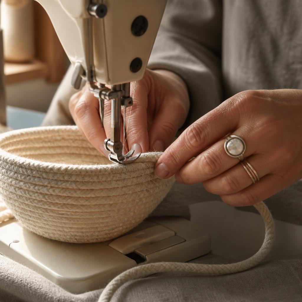 Hands guiding coiled rope through a sewing machine